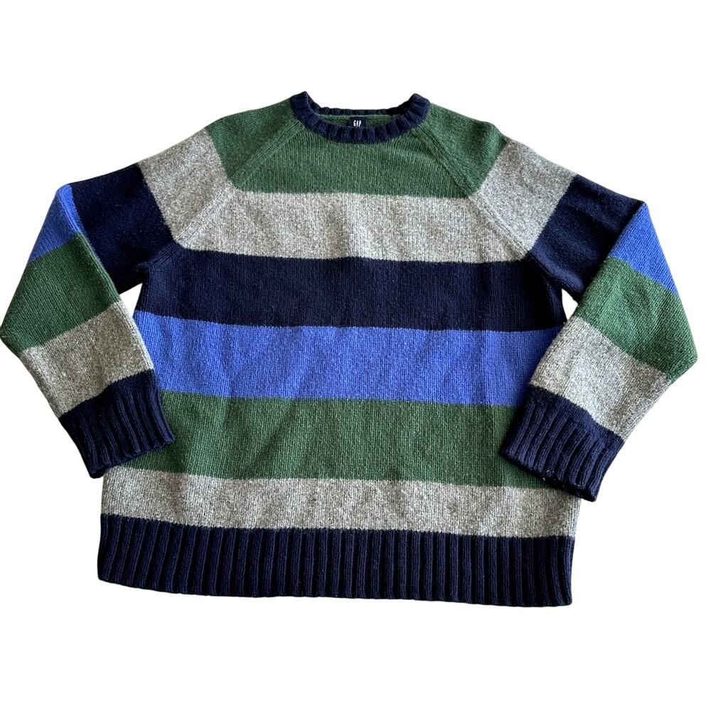 Gap Lambswool Blend Y2K VTG Classic Chunky Stripe Blue Green Pullover Sweater L